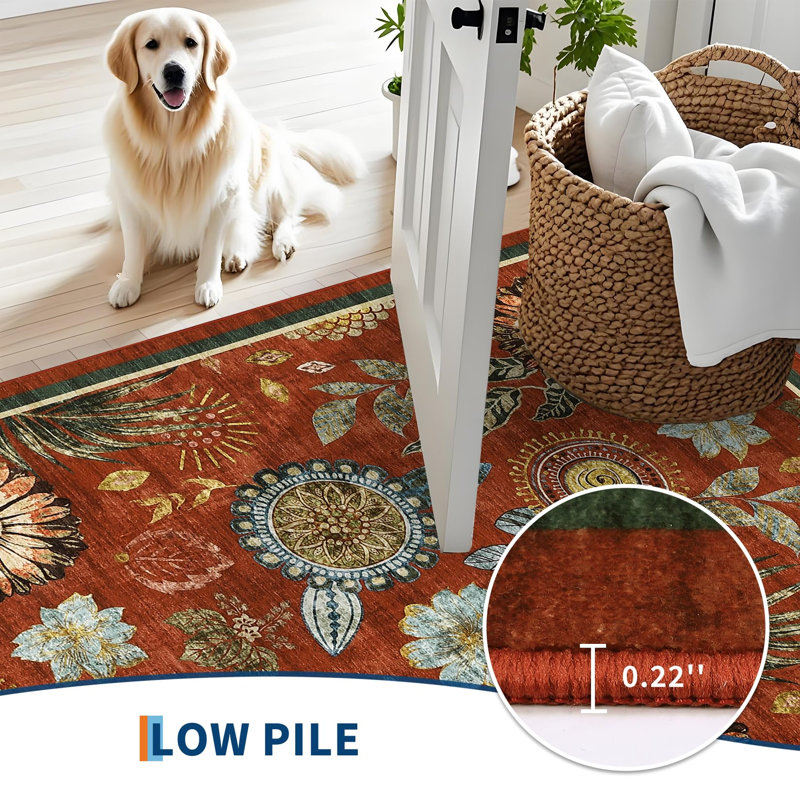 Tapis lavable pour salon Farmhouse, Rouge, Rectangle 5 pi x 7 pi