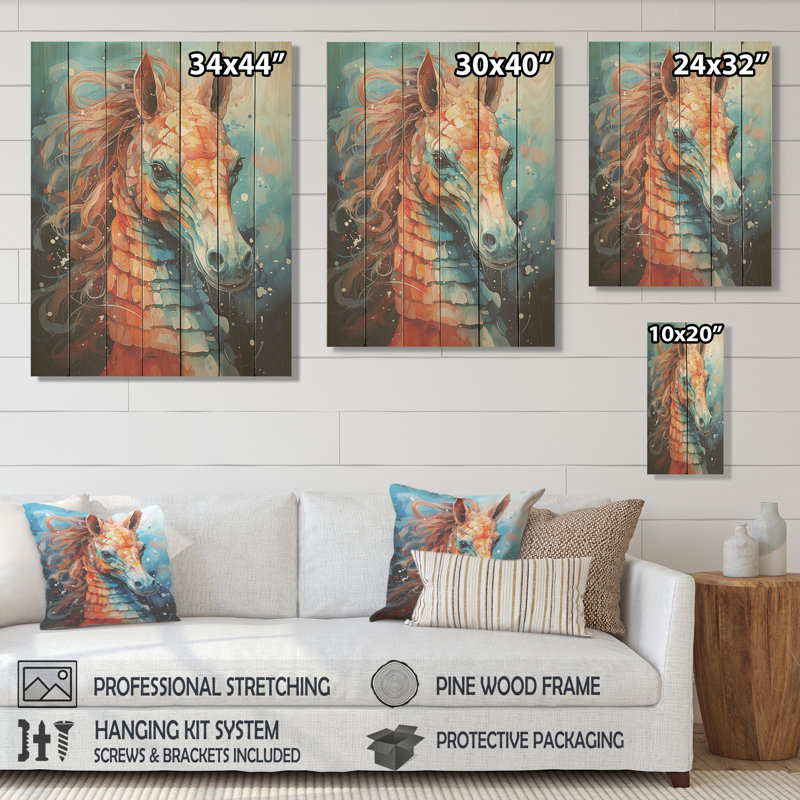 Orange et bleu hippocampe symphonie III - Hippocampe sur bois, H 44 po x l 34 po