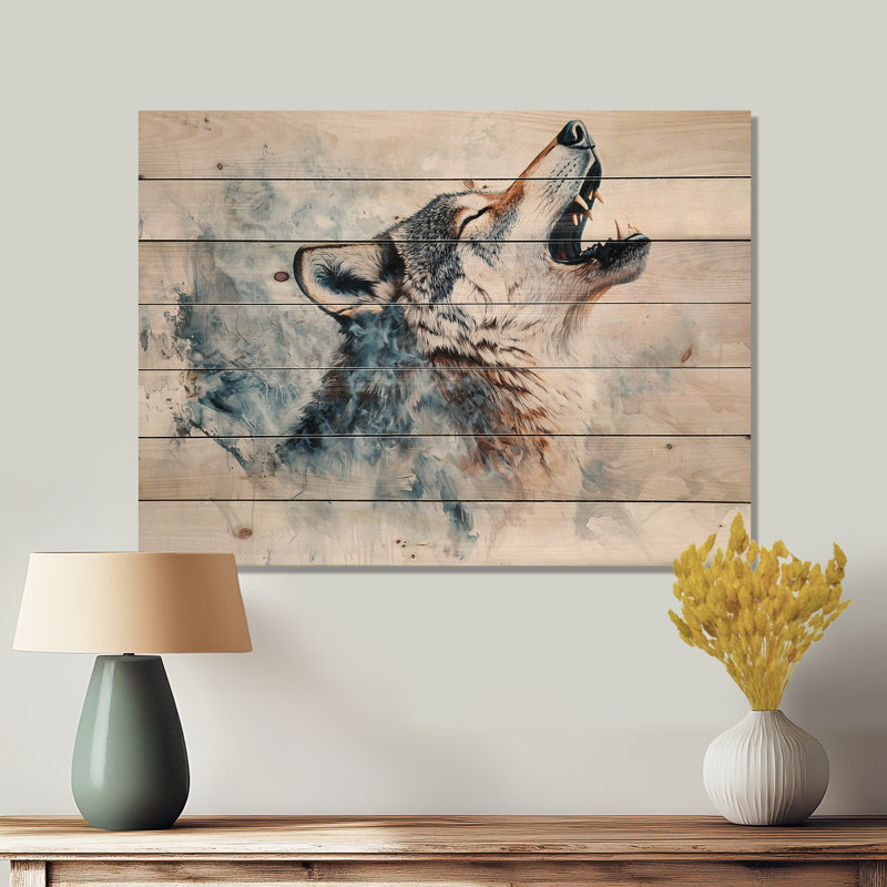 Loup hurlant en couleurs douces II - Décoration murale moderne en bois sur bois de pin naturel, H 10 po x l 20 po