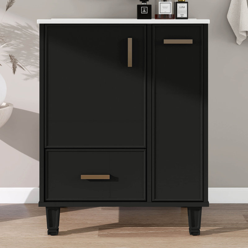 Meuble-lavabo 24 po avec lavabo en céramique, ensemble de meuble-lavabo autoportant avec tablette de porte, tiroir profond et panier coulissant à 2 niveaux