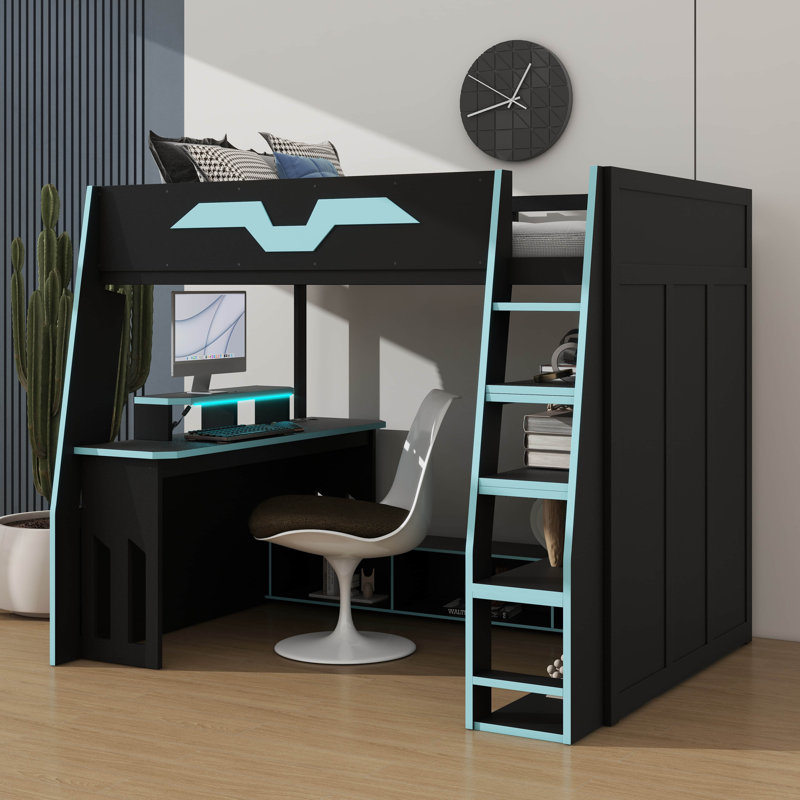 Lit mezzanine double en bois pleine grandeur, livré avec bureau, plusieurs tablettes de rangement, lumière RVB personnalisable et table d'appoint