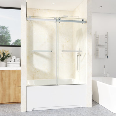68-73" W X 60" H Frameless Double Sliding Tub Door with 3/8" (10mm) Clear Tempered Glass, Shatter-Resistant Film & Installation Hole Locator