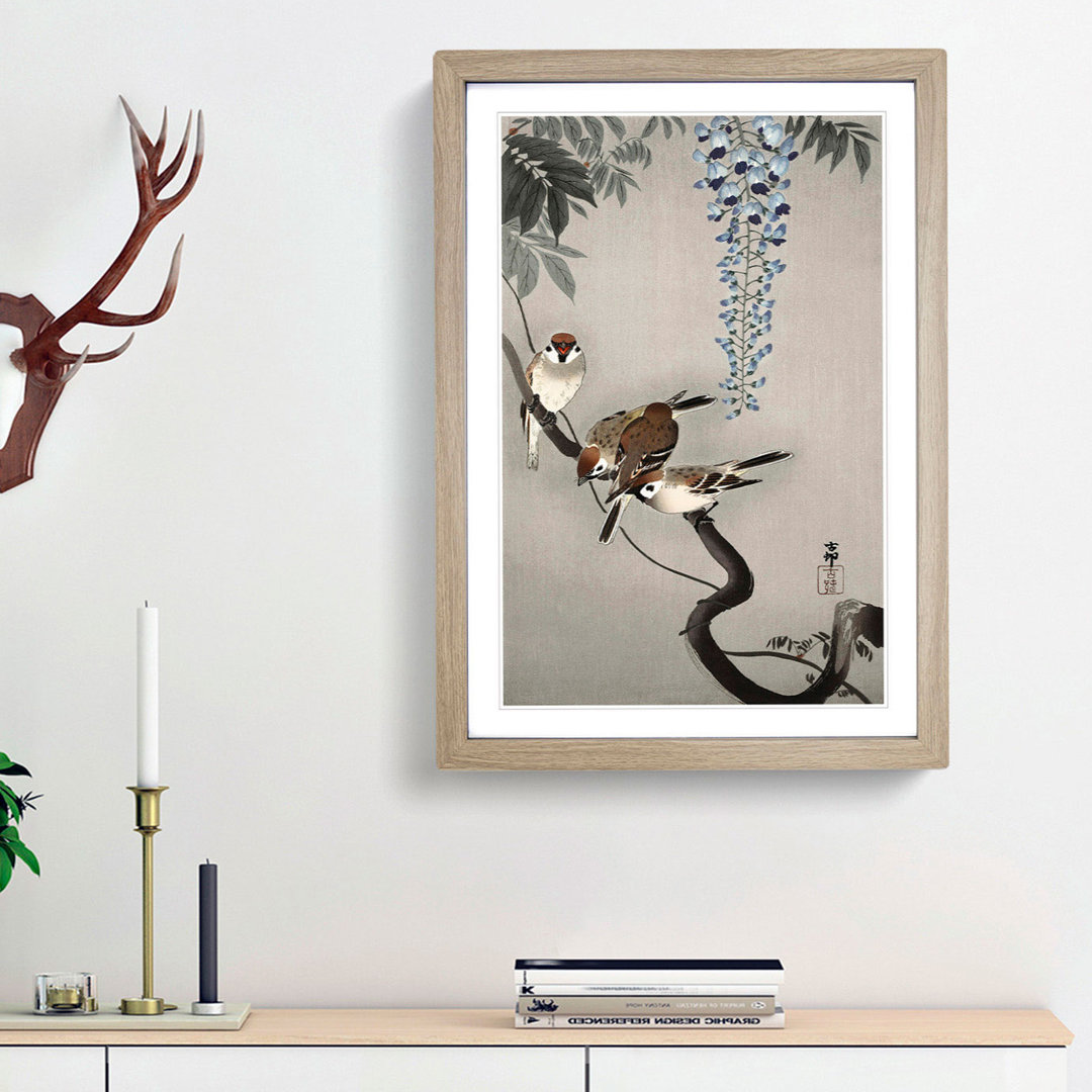 Sparrows at Wisteria by Ohara Koson - Framed Print