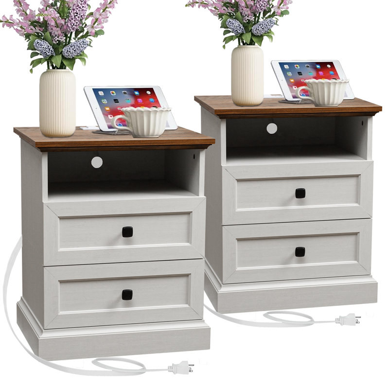 20'' W  Nightstand With 2 Drawers And Open Storage, White, Set of 2