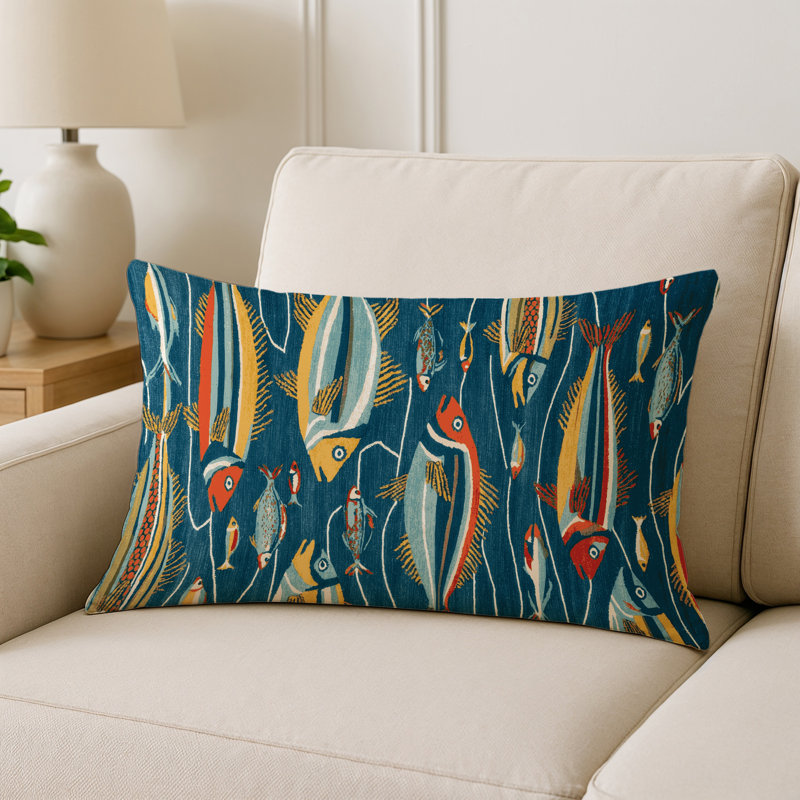 Coussin d'intérieur et d'extérieur Coastal, Rectangulaire H 20 po x l 14 po, Bleu marine poisson contemporain