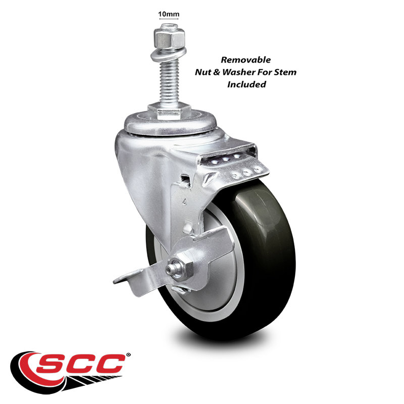 Roulettes pivotantes à tige filetée en polyuréthane 4 pouces 10mm avec frein SCC, Noir