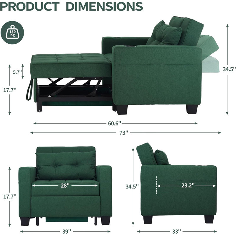Fauteuil convertible de 36,6 po de largeur avec porte-gobelets et poches latérales, Lin vert