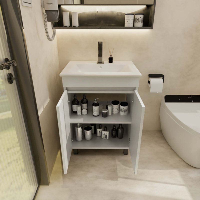 Meuble-lavabo pour salle de bain avec lavabo, meuble-lavabo pour petit espace, meuble-lavabo autoportant avec 2 armoires à fermeture douce