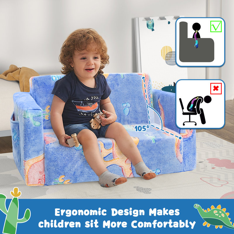 Amilee Kids Couch Sofa, Folding Toddler Couch, Blue Dinosaur, 16" H x 30" W x 17" D