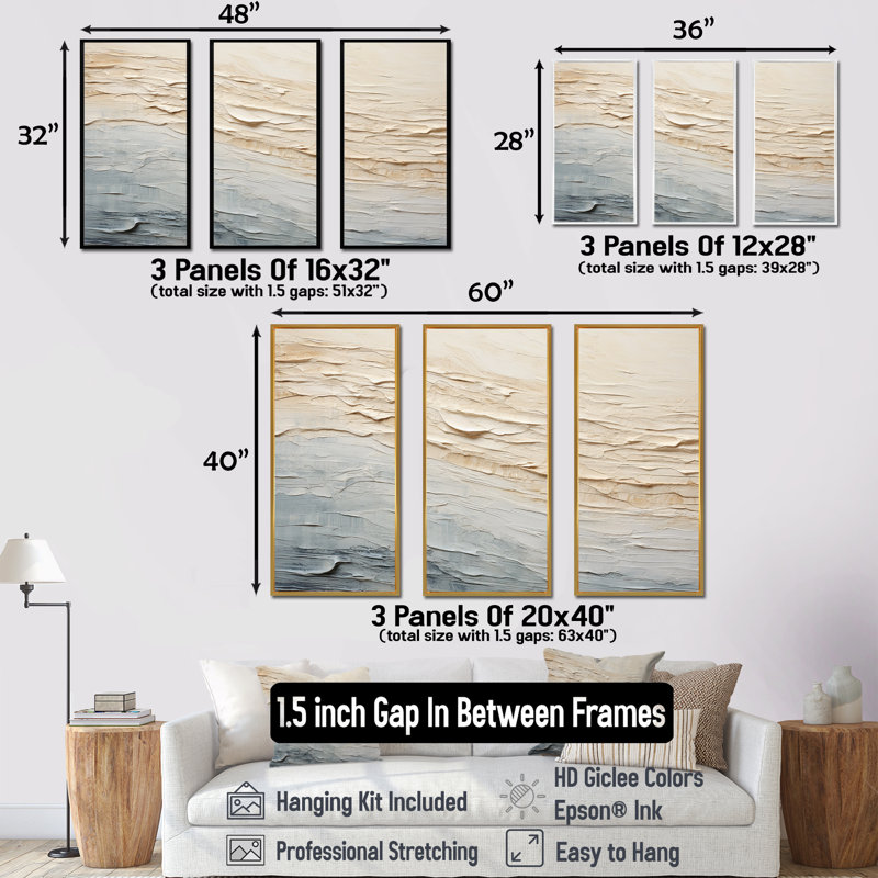 «Modern Coastal Beige And Grey River I - Coastal Ocean, ensemble d'art sur toile, H 28 po x l 36 po x P 1 po