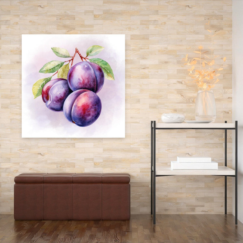 «Fresh Watercolor Plums Vibrant Abstract Fruit Summer», reproduction d'art murale, 48" H x 48" W