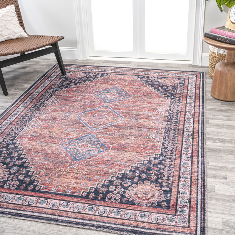 Lesandra Geometric Medallions Machine-Washable Terracotta/Navy Rug, Rectangle 9' x 12'