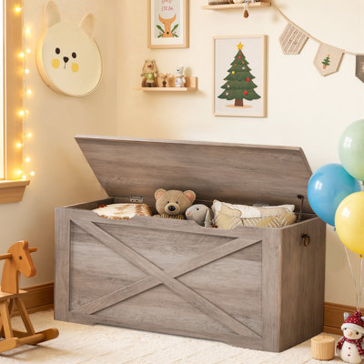 39.3" Wooden Storage Bench Farmhouse Toy Storage Chest with Metal Hinge and Pull Handles
