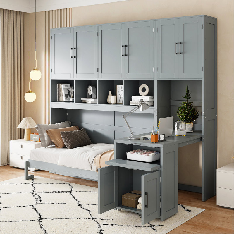 Lit escamotable mural simple avec placard, tiroirs et bureau - gris, Gris