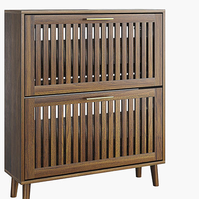 Armoire à chaussures en noyer de 31,5 pouces, armoire à chaussures indépendante de style médiéval moderne, armoire à chaussures avec clôture et 2 tiroirs rabattables