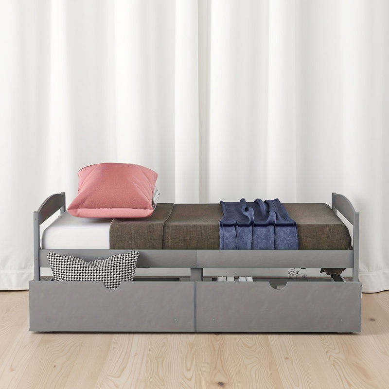 Lit plateforme simple avec 2 tiroirs - Pin gris, peu encombrant, Gris