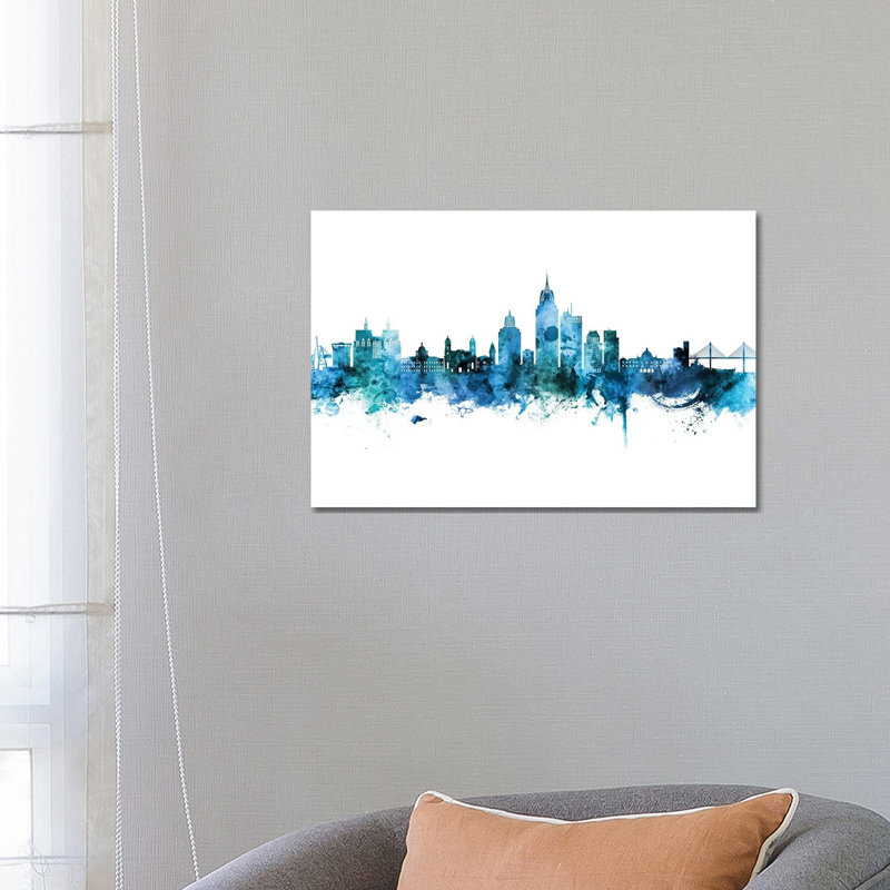 Mobile Alabama Skyline Blue Teal by Michael Tompsett - 1 Piece Wrapped Canvas Wall Art, 66.04 cm H x 45.72 cm W x 3.175 cm D