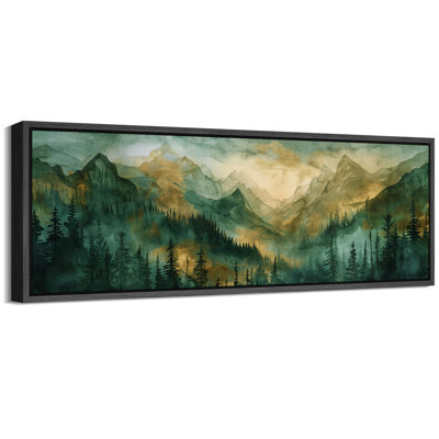 Woodland Forest Landscape Watercolor Green Mountain Forest Sunrise Landscape Modern Extra Large Canvas Print Wall Art