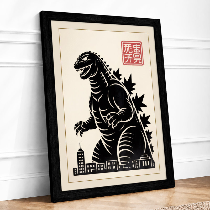 Godzilla Rises Japandi - Framed Print, Black, A3 - 42.0 x 29.7 cm