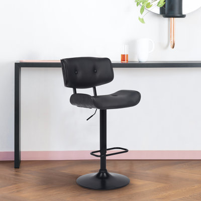 Primeau Swivel Adjustable Height Bar Stool with Pedestal Base in Faux Leather, Wood and Metal