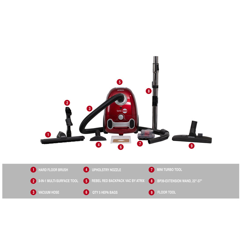 Aspirateur rouge Atrix Rebel avec filtration HEPA
