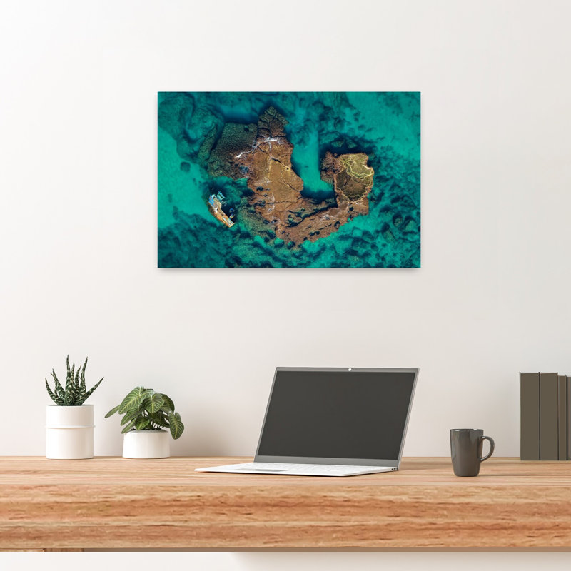 Shipwreck In Turquoise Waters Serene Vibrant Abstract Beach Landscape Wall Art Print, 40.64cm H x 60.96cm W