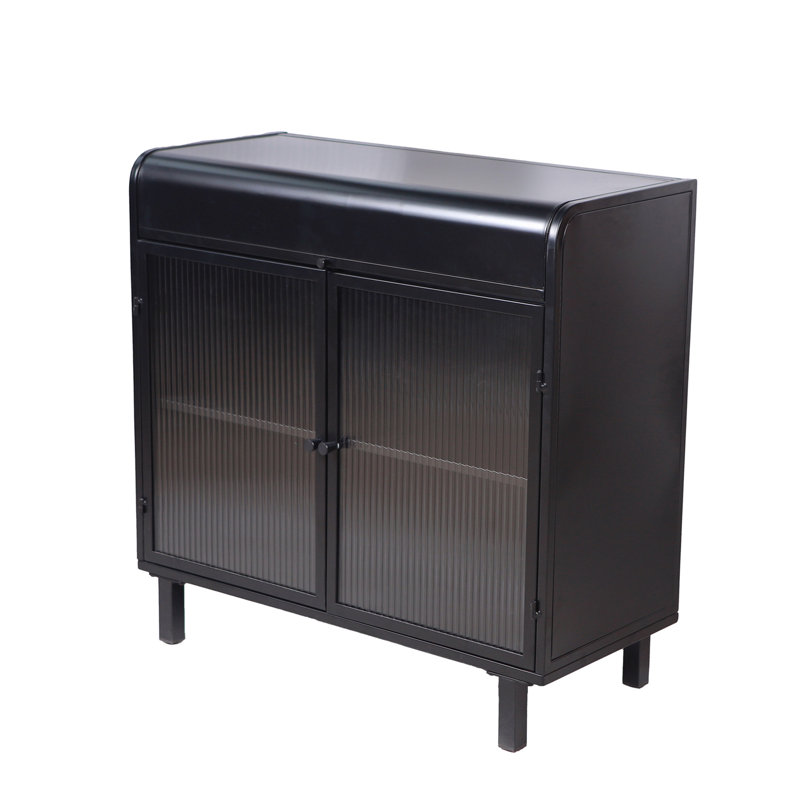 Buffet moderne avec portes en verre trempé figuré, dessus rabattable et cadre en métal pour un rangement et une présentation polyvalents