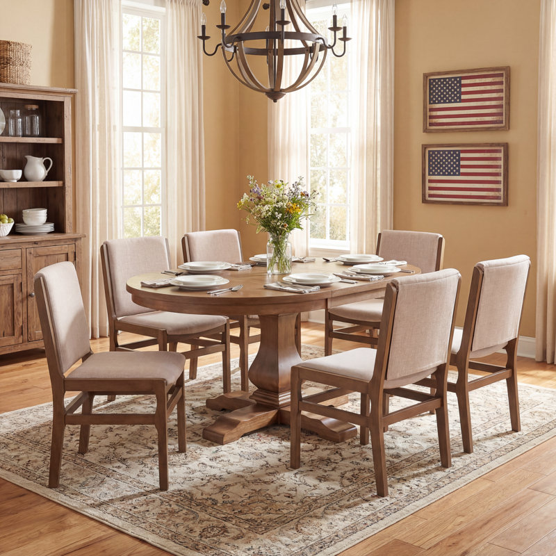 Alagie Modern Farmhouse 7-Piece Expandable Rubberwood Dining Table Set With Upholstered Chairs, Beige/Walnut, Walnut