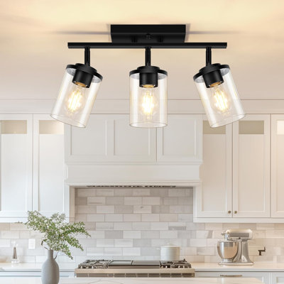 Plafonnier semi-encastré à 3 lumières, luminaire de cuisine réglable avec abat-jour en verre transparent, luminaire sur rail noir orientable pour couloir, hall d'entrée, chambre