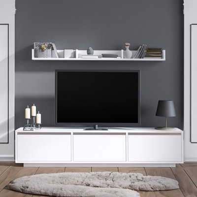 Modern White TV Unit with Wall Shelf, 100% Melamine Coated Particle Board, 70.9 x 13.8 x 11.8 inches | Numerous Shelves, Wall-Mountable Design | Stylish & Functional for Living Room & Entertainment Spaces