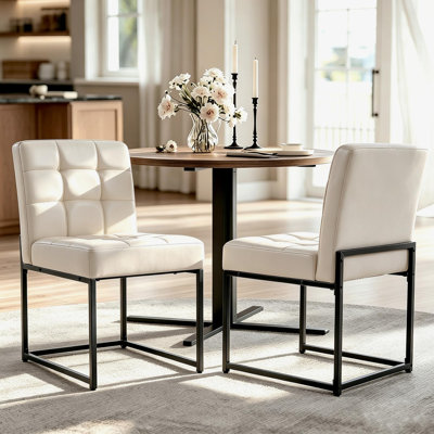 Ensemble de 2 chaises de salle à manger modernes avec siège rembourré en cuir de polyuréthane épais, dossier Mid-Century et pieds en métal pour la cuisine et la salle à manger