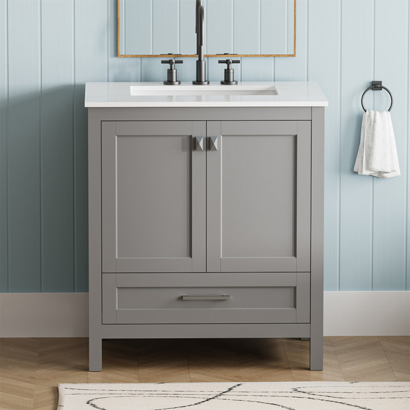 Meuble-lavabo autoportant de 30 pouces avec lavabo, comptoir en marbre d'ingénierie Carrara avec lavabo rectangulaire encastré en céramique, grande porte de rangement à fermeture en douceur
