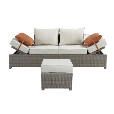 Fabric & Gray All-Weather Wicker Patio Sofa & Ottoman With 2 Toss Pillows
