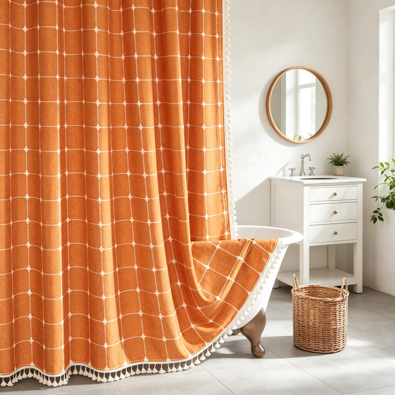 Rideau de douche en lin à carreaux Boho Farmhouse Classic, Tissu écossais orange