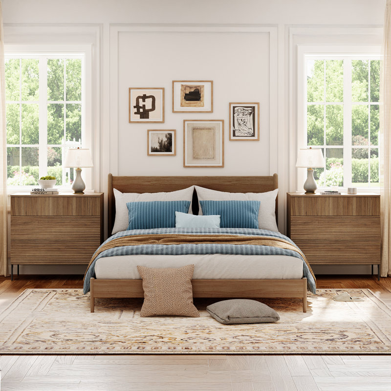 Union Rustic Modern Minimalist Wooden Nightstand Set Of 2,31.5" Large End Table With 3 Drawers,Reeded Design Bedside Table For Bedroom, Living Room,Entryway
