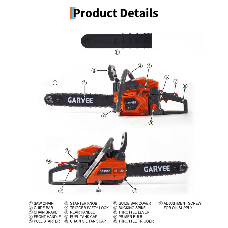 Scie à chaîne polyvalente alimentée au gaz 52cc - moteur 2 temps, barres de 16 et 18 pouces, démarrage rapide, graissage automatique, poignée anti-vibration, frein de chaîne - 5200 orange