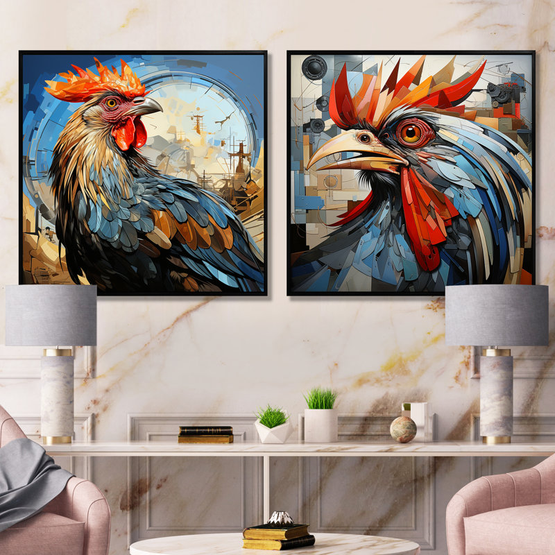 «Cubic Colorful Rooster Collage I», ensemble de 2 impressions sur toile coq, Cadre flottant noir, H 16 po x l 33 po x P 1 po