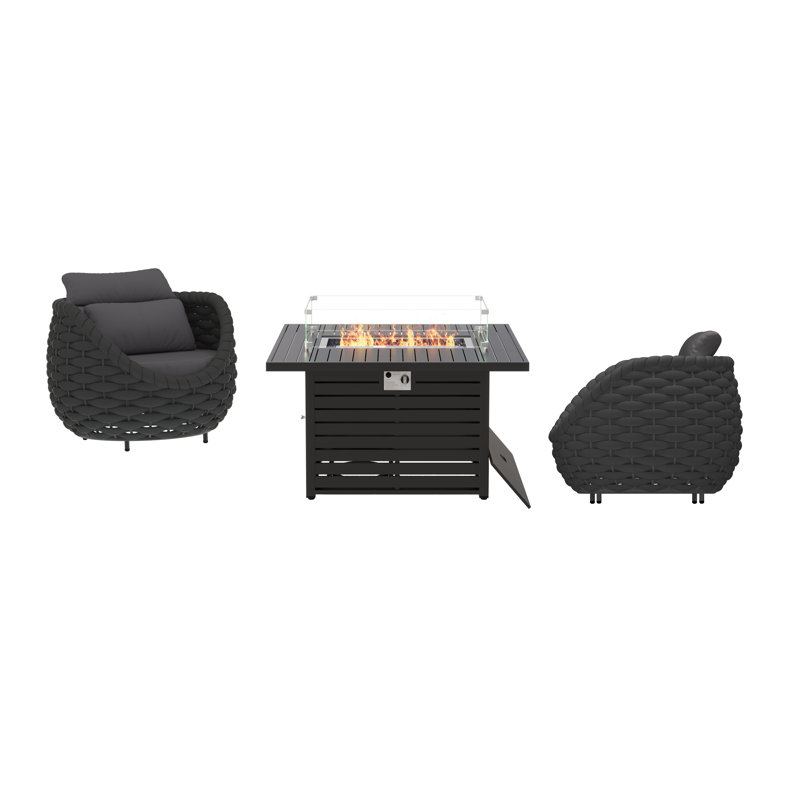 Chaises longues modernes en corde résistante aux intempéries avec ensemble de conversation 3 pièces Modern, Gris foncé
