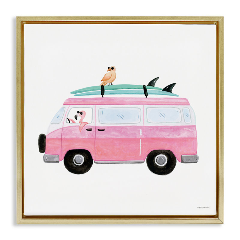 «Summer Birds & Van Floater», art mural par Rachel Nieman, Cadre flottant métallique doré, H 18 po x l 18 po