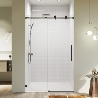 46-48" W * 76" H Frameless Single Sliding Soft-Close Shower Doors, Bathroom Sliding Shower Door, 5/16" (8Mm) Thick SGCC Tempered Glass Door, Matte Black