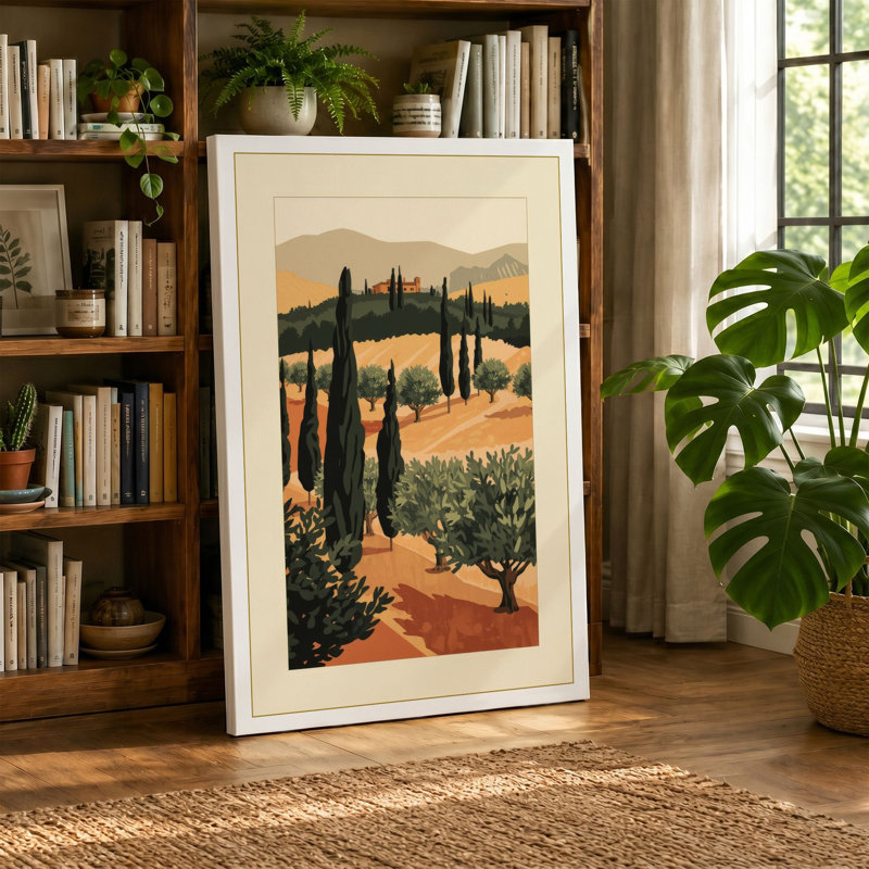 Tuscan Cypress Path Rustic - Wrapped Canvas, 24x16 - 61.0 x 40.6 cm, Ochre Border