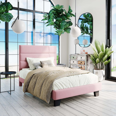 Lit plateforme Elison avec tête de lit tapissier en tissu et lattes en bois