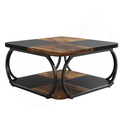 39” Square Coffee Table With Storage Shelf – 2-Tier Modern Farmhouse Coffee Table With Rustic Brown  Black Low Center Table For Living Room