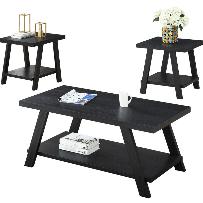 Table basse contemporaine à finition noire en bois reproduit avec tablette et pieds à grand angle pour un rangement supplémentaire