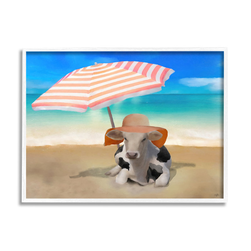 «Lounging Cow Summer Beach Shore», impression, H 24 po x l 30 po x P 1,5 po, Giclée encadrée blanc bord de mer