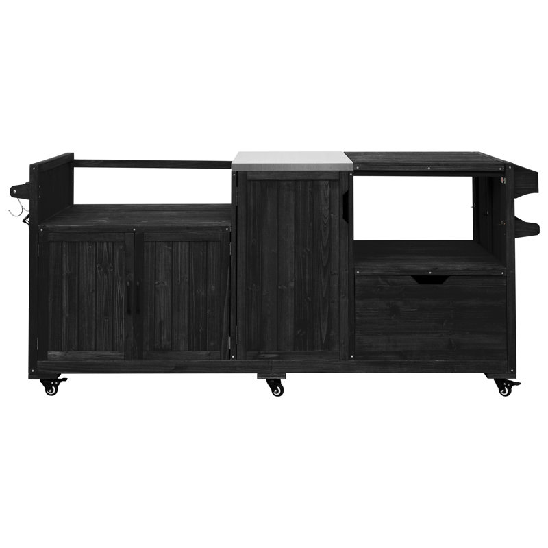 Large 80.5''W Rolling Outdoor Kitchen Island With Wheels And Stainless Steel Top, Wood Grill Cart For Big Green Egg& Blackstone Griddle