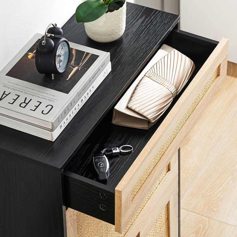 Entryway Shoe Cabinet With 2 Drawers, Slim Wooden Shoe Organizer With Linen Front Panels, Black