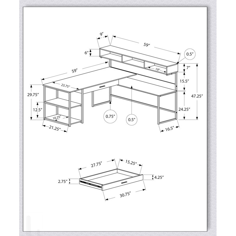 Bureau d'angle en L avec plusieurs options de rangement et conception moderne, idéal pour les espaces de travail et d'étude efficaces
