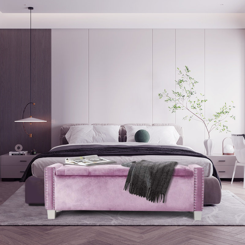 Chuichu Velvet Upholstered Storage Bench, Pink