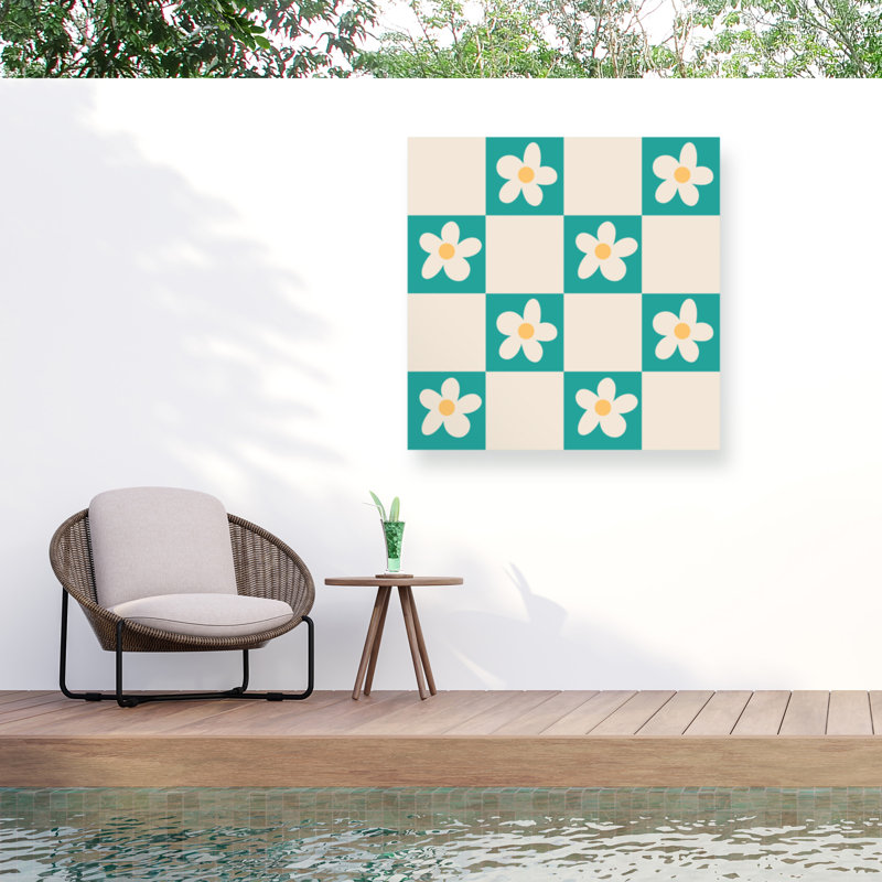 Rachel Hallquist Daisy Checks Aqua Outdoor  Canvas, 14" H x 14" W